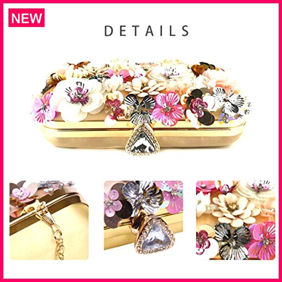 Evening Clutch with Detachable Chain Strap, 3D Flower Decor, Formal Occasion Bag